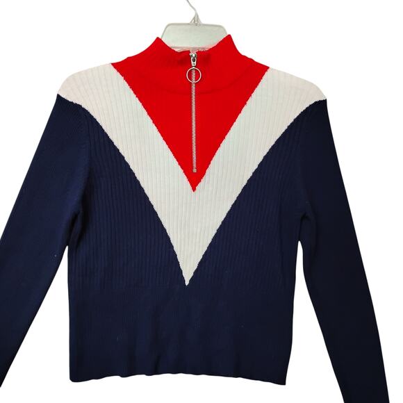 Trillium Ribbed Colorblock Top Size Large Blue, White and Red Zip Up Long Sleeve - Picture 5 of 7